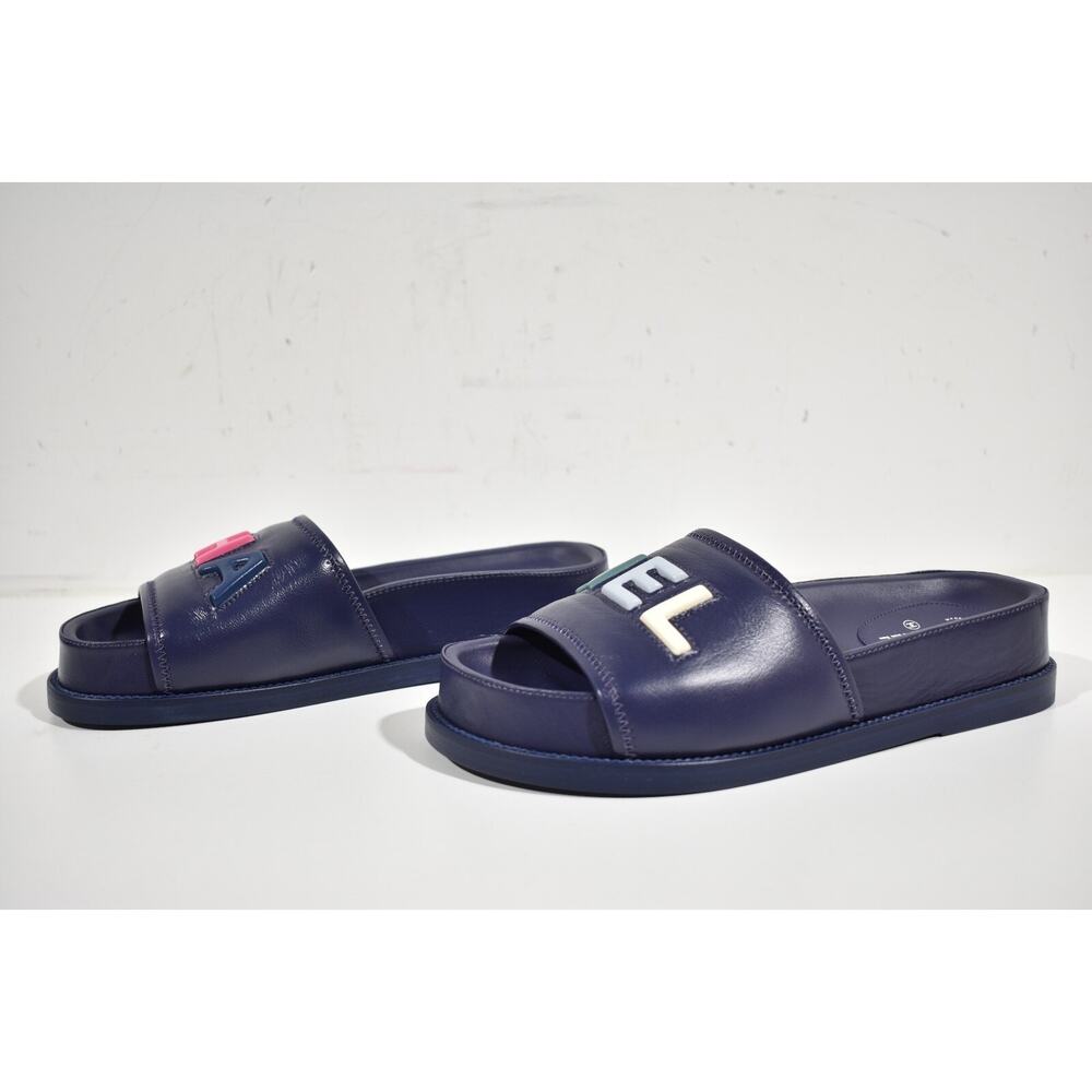 Chanel 22S Navy Blue Lambskin Multicolor CHANEL Letter Logo Flat Slide Sandal 37 - Picture 10 of 12